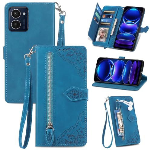 Fertuo Hülle für HMD Pulse Pro/HMD Pulse, PU Leder Handyhülle klappbar Flip Case Tasche mit Kartenfach, Magnet, Ständer und Handschlaufe [Blumen Muster] Schutzhülle Stoßfest für HMD Pulse, Blau von Fertuo