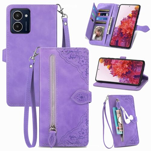 Fertuo Hülle für HMD Pulse Pro/HMD Pulse, PU Leder Handyhülle klappbar Flip Case Tasche mit Kartenfach, Magnet, Ständer und Handschlaufe [Blumen Muster] Schutzhülle Stoßfest für HMD Pulse, Lila von Fertuo
