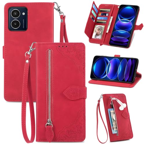 Fertuo Hülle für HMD Pulse Pro/HMD Pulse, PU Leder Handyhülle klappbar Flip Case Tasche mit Kartenfach, Magnet, Ständer und Handschlaufe [Blumen Muster] Schutzhülle Stoßfest für HMD Pulse, Rot von Fertuo