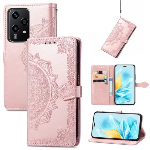 Fertuo Hülle für Honor 200 Lite 5G, Handyhülle Leder Flip Case Tasche mit Kartenfach, Magnet und Standfunktion [Mandala Muster] Handy Schutzhülle Ledertasche für Honor 200 Lite 5G, Rosegold von Fertuo