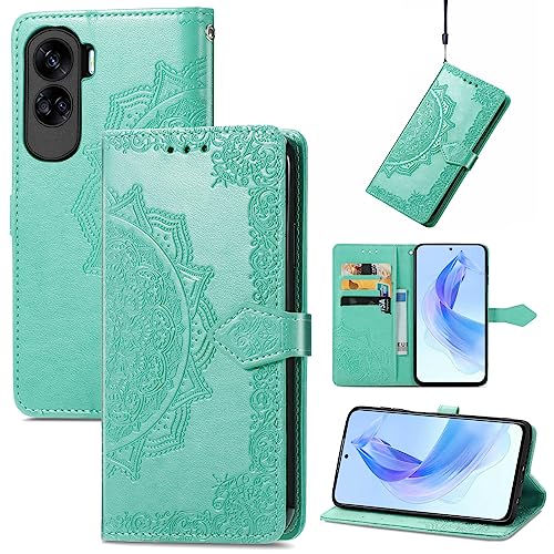 Fertuo Hülle für Honor 90 Lite, Handyhülle Leder Flip Case Tasche mit Kartenfach, Magnet und Standfunktion [Mandala Muster] Handy Schutzhülle Ledertasche für Honor 90 Lite, Grün von Fertuo