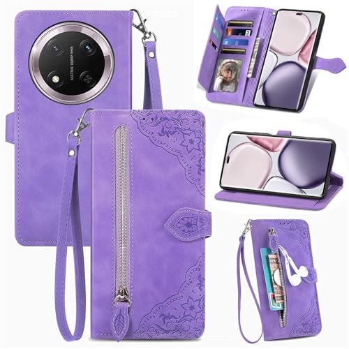 Fertuo Hülle für Honor Magic 7 Lite 5G, PU Leder Handyhülle klappbar Flip Case Tasche mit Kartenfach, Magnet, Ständer und Handschlaufe [Blumen Muster] Schutzhülle Stoßfest, Lila von Fertuo