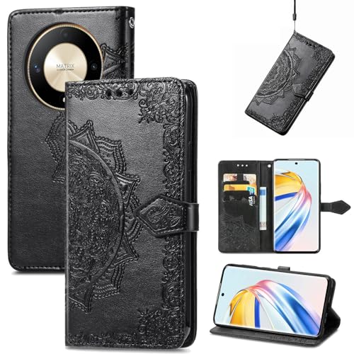 Fertuo Hülle für Honor Magic6 Lite 5G, Handyhülle Leder Flip Case Tasche mit Kartenfach, Magnet und Standfunktion [Mandala Muster] Handy Schutzhülle Ledertasche für Honor Magic 6 Lite, Schwarz von Fertuo
