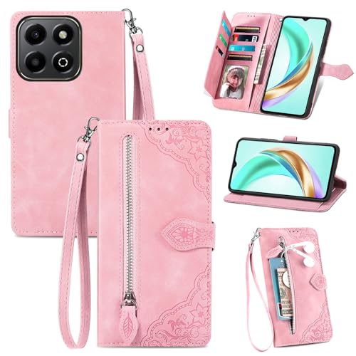 Fertuo Hülle für Honor X6b, PU Leder Handyhülle klappbar Flip Case Tasche mit Kartenfach, Magnet, Ständer und Handschlaufe [Blumen Muster] Schutzhülle Stoßfest für Honor X6b, Rosa von Fertuo