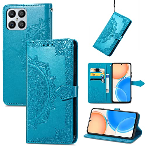 Fertuo Hülle für Honor X8, Handyhülle Leder Flip Case Tasche mit Kartenfach, Magnet und Standfunktion [Mandala Muster] Handy Schutzhülle Ledertasche für Honor X8, Blau von Fertuo
