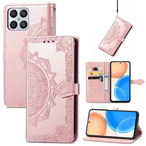 Fertuo Hülle für Honor X8, Handyhülle Leder Flip Case Tasche mit Kartenfach, Magnet und Standfunktion [Mandala Muster] Handy Schutzhülle Ledertasche für Honor X8, Rosegold von Fertuo