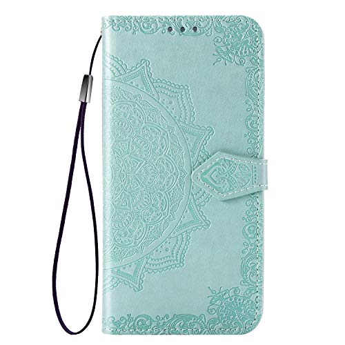 Fertuo Hülle für Huawei Nova 5T, Handyhülle Leder Flip Case Tasche mit Kartenfach, Magnet und Standfunktion [Mandala Blume Muster] Handy Schutzhülle Ledertasche für Huawei Nova 5T, Grün von Fertuo