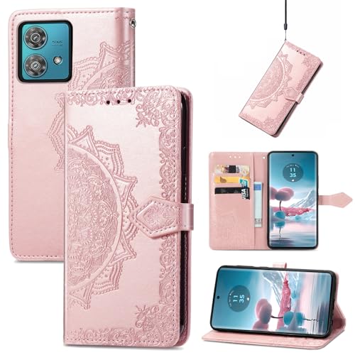 Fertuo Hülle für Motorola Moto Edge 40 Neo, Handyhülle Leder Flip Case Tasche mit Kartenfach, Magnet und Standfunktion [Mandala Muster] Handy Schutzhülle Ledertasche für Moto Edge 40 Neo, Rosegold von Fertuo