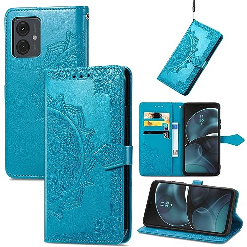 Fertuo Hülle für Motorola Moto G14, Handyhülle Leder Flip Case Tasche mit Kartenfach, Magnet und Standfunktion [Mandala Muster] Handy Schutzhülle Ledertasche für Motorola Moto G14, Blau von Fertuo