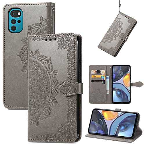 Fertuo Hülle für Motorola Moto G22 / E32S, Handyhülle Leder Flip Case Tasche mit Kartenfach, Magnet und Standfunktion [Mandala Muster] Handy Schutzhülle Ledertasche für Motorola Moto G22 / E32S, Grau von Fertuo