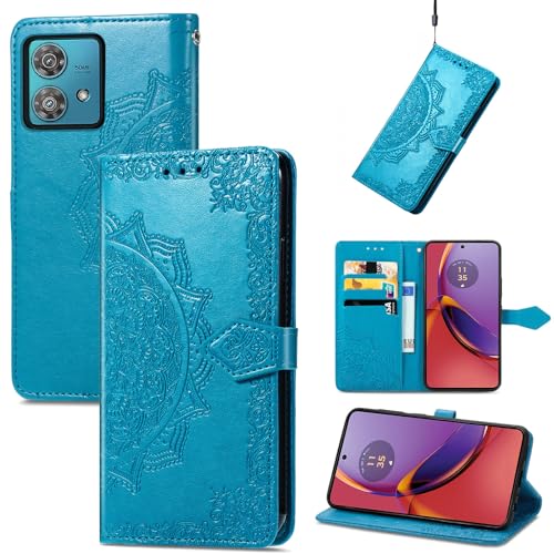 Fertuo Hülle für Motorola Moto G84, Handyhülle Leder Flip Case Tasche mit Kartenfach, Magnet und Standfunktion [Mandala Muster] Handy Schutzhülle Ledertasche für Moto G84, Blau von Fertuo