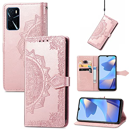Fertuo Hülle für Oppo A16 / A16S / A54S, Handyhülle Leder Flip Case Tasche mit Kartenfach, Magnet und Standfunktion [Mandala Muster] Handy Schutzhülle Ledertasche für Oppo A16 / A16S / A54S, Rosegold von Fertuo