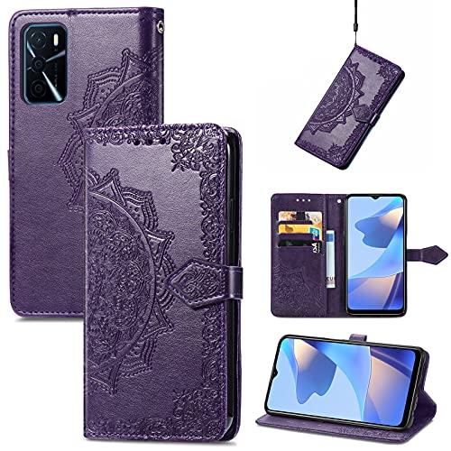 Fertuo Hülle für Oppo A16 / A16S / A54S, Handyhülle Leder Flip Case Tasche mit Kartenfach, Magnet und Standfunktion [Mandala Muster] Handy Schutzhülle Ledertasche für Oppo A16 / A16S / A54S, Lila von Fertuo