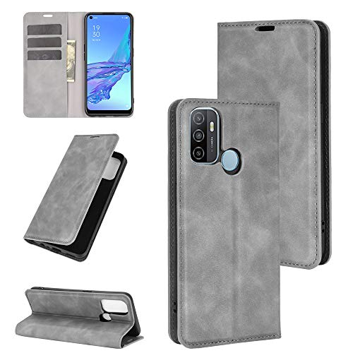 Fertuo Hülle für Oppo A53 2020, Handyhülle Leder Flip Case Tasche mit Kartenfach, Magnetverschluss, Silikon Innenschale Schutzhülle Cover Lederhülle für Oppo A53 Smartphone, Grau von Fertuo