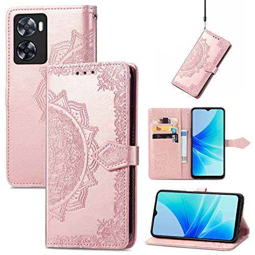 Fertuo Hülle für Oppo A57 4G / A57S / A77 4G, Handyhülle Leder Flip Case Tasche mit Kartenfach, Magnet und Standfunktion [Mandala Muster] Handy Schutzhülle Ledertasche für Oppo A57 4G, Rosegold von Fertuo