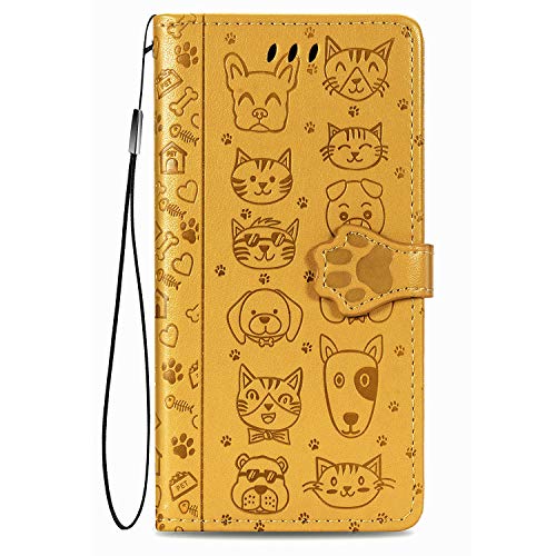Fertuo Hülle für Oppo Find X3 Lite 5G, Handyhülle Leder Flip Case Tasche mit Kartenfach, Magnet und Standfunktion [Katze Hund Muster] Schutzhülle Wallet Cover für Oppo Find X3 Lite, Gelb von Fertuo