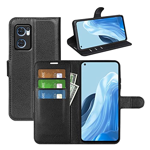 Fertuo Hülle für Oppo Find X5 Lite, Handyhülle Leder Flip Case Tasche mit Standfunktion, Kartenfach, Magnetschnalle, Silikon Bumper Schutzhülle Cover für Oppo Find X5 Lite, Schwarz von Fertuo