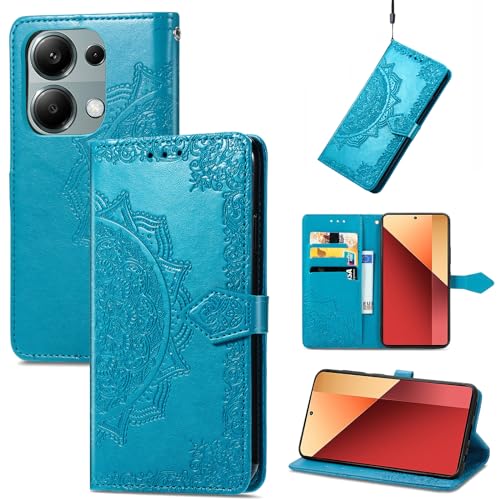 Fertuo Hülle für Poco M6 Pro 4G / Xiaomi Redmi Note 13 Pro 4G, Handyhülle Leder Flip Case Tasche mit Kartenfach, Magnet und Standfunktion [Mandala Muster] Handy Schutzhülle Ledertasche, Blau von Fertuo