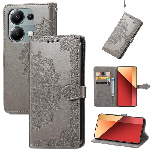 Fertuo Hülle für Redmi Note 14S / Note 13 Pro 4G / Poco M6 Pro 4G, Handyhülle Leder Flip Case Tasche mit Kartenfach, Magnet und Standfunktion [Mandala Muster] Handy Schutzhülle Ledertasche, Grau von Fertuo