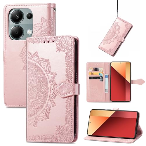 Fertuo Hülle für Poco M6 Pro 4G / Xiaomi Redmi Note 13 Pro 4G, Handyhülle Leder Flip Case Tasche mit Kartenfach, Magnet und Standfunktion [Mandala Muster] Handy Schutzhülle Ledertasche, Rosegold von Fertuo