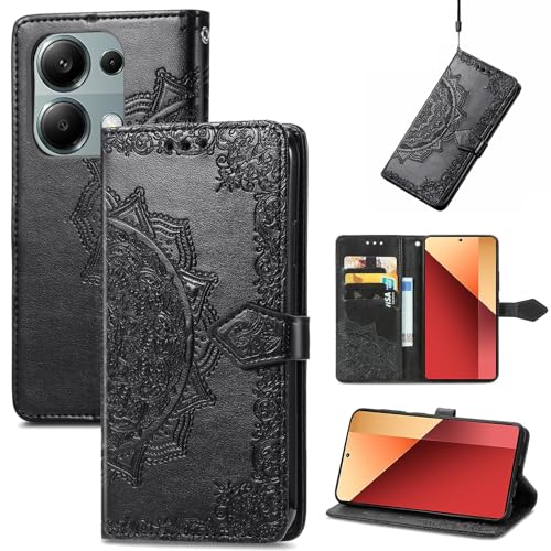 Fertuo Hülle für Redmi Note 14S / Note 13 Pro 4G / Poco M6 Pro 4G, Handyhülle Leder Flip Case Tasche mit Kartenfach, Magnet und Standfunktion [Mandala Muster] Handy Schutzhülle Ledertasche, Schwarz von Fertuo