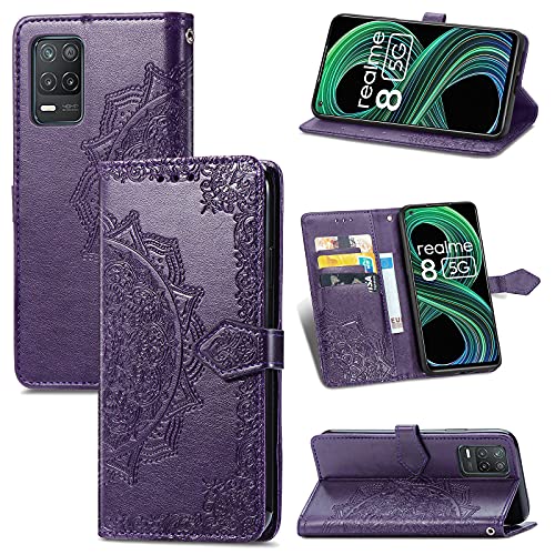 Fertuo Hülle für Realme 8 5G / Realme Narzo 30 5G, Handyhülle Leder Flip Case Tasche mit Kartenfach, Magnet und Standfunktion [Mandala Muster] Handy Schutzhülle Ledertasche für Realme 8 5G, Lila von Fertuo