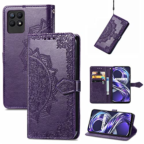 Fertuo Hülle für Realme 8i, Handyhülle Leder Flip Case Tasche mit Kartenfach, Magnet und Standfunktion [Mandala Muster] Handy Schutzhülle Ledertasche für Realme 8i, Lila von Fertuo