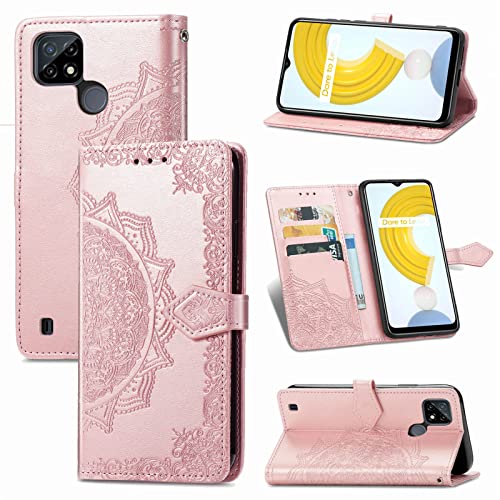 Fertuo Hülle für Realme C21Y / C25Y, Handyhülle Leder Flip Case Tasche mit Kartenfach, Magnet und Standfunktion [Mandala Muster] Handy Schutzhülle Ledertasche für Realme C21Y / C25Y, Rosegold von Fertuo