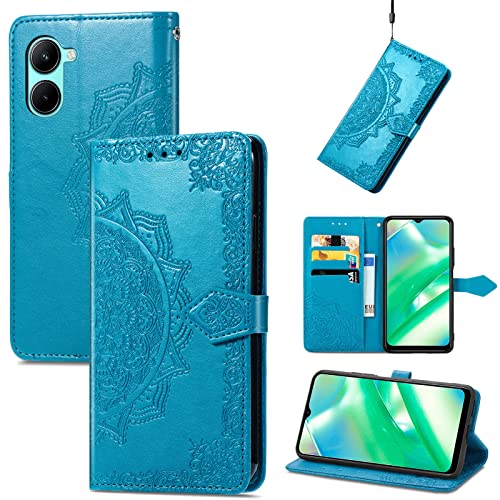 Fertuo Hülle für Realme C33, Handyhülle Leder Flip Case Tasche mit Kartenfach, Magnet und Standfunktion [Mandala Muster] Handy Schutzhülle Ledertasche für Realme C33, Blau von Fertuo