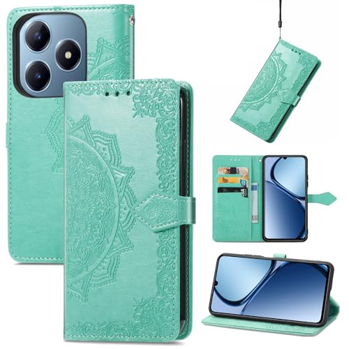 Fertuo Hülle für Realme C63 / C61 / Realme Note 60, Handyhülle Leder Flip Case Tasche mit Kartenfach, Magnet und Standfunktion [Mandala Muster] Handy Schutzhülle Ledertasche, Grün von Fertuo
