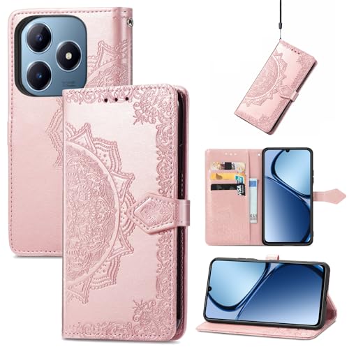 Fertuo Hülle für Realme C63 / C61 / Realme Note 60, Handyhülle Leder Flip Case Tasche mit Kartenfach, Magnet und Standfunktion [Mandala Muster] Handy Schutzhülle Ledertasche, Rosegold von Fertuo
