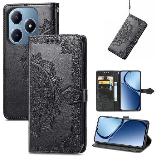 Fertuo Hülle für Realme C63 / C61 / Realme Note 60, Handyhülle Leder Flip Case Tasche mit Kartenfach, Magnet und Standfunktion [Mandala Muster] Handy Schutzhülle Ledertasche, Schwarz von Fertuo
