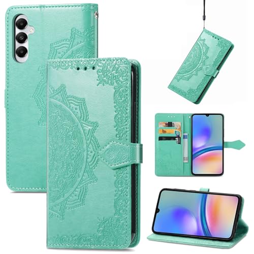 Fertuo Hülle für Samsung Galaxy A05s, Handyhülle Leder Flip Case Tasche mit Kartenfach, Magnet und Standfunktion [Mandala Muster] Handy Schutzhülle Ledertasche für Samsung Galaxy A05s, Grün von Fertuo
