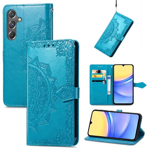 Fertuo Hülle für Samsung Galaxy A15, Handyhülle Leder Flip Case Tasche mit Kartenfach, Magnet und Standfunktion [Mandala Muster] Handy Schutzhülle Ledertasche für Samsung Galaxy A15, Blau von Fertuo