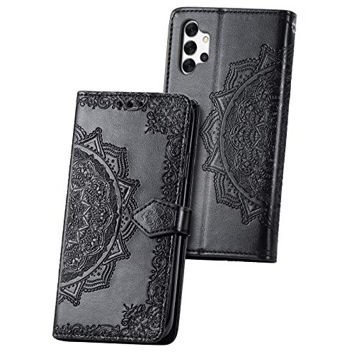 Fertuo Hülle für Samsung Galaxy A32 5G, Handyhülle Leder Flip Case Tasche mit Kartenfach, Magnet und Standfunktion [Mandala Muster] Handy Schutzhülle Ledertasche für Samsung Galaxy A32, Schwarz von Fertuo