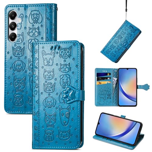 Fertuo Hülle für Samsung Galaxy A35 5G, Handyhülle Leder Flip Case Tasche mit Kartenfach, Magnet und Standfunktion [Katze Hund Muster] Schutzhülle Cover für Samsung Galaxy A35 5G, Blau von Fertuo