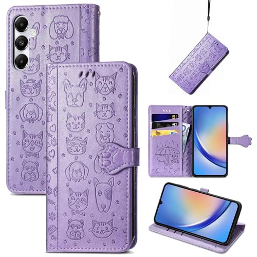 Fertuo Hülle für Samsung Galaxy A35 5G, Handyhülle Leder Flip Case Tasche mit Kartenfach, Magnet und Standfunktion [Katze Hund Muster] Schutzhülle Cover für Samsung Galaxy A35 5G, Lila von Fertuo