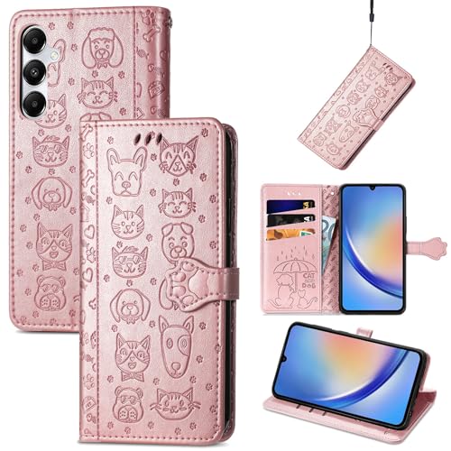 Fertuo Hülle für Samsung Galaxy A35 5G, Handyhülle Leder Flip Case Tasche mit Kartenfach, Magnet und Standfunktion [Katze Hund Muster] Schutzhülle Cover für Samsung Galaxy A35 5G, Rosegold von Fertuo
