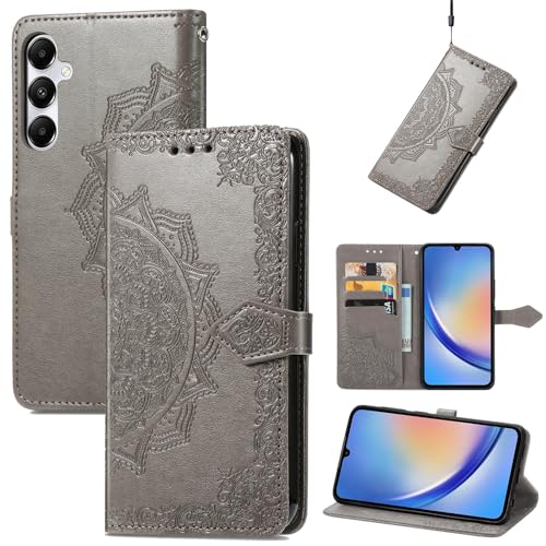 Fertuo Hülle für Samsung Galaxy A35 5G, Handyhülle Leder Flip Case Tasche mit Kartenfach, Magnet und Standfunktion [Mandala Muster] Handy Schutzhülle Ledertasche für Samsung Galaxy A35 5G, Grau von Fertuo