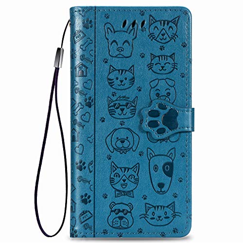 Fertuo Hülle für Samsung Galaxy A51, Handyhülle Leder Flip Case Tasche mit Kartenfach, Magnet und Standfunktion [Katze Hund Muster] Handy Schutzhülle Wallet Cover für Galaxy A51, Blau von Fertuo