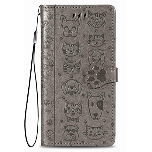 Fertuo Hülle für Samsung Galaxy A52S / A52, Handyhülle Leder Flip Case Tasche mit Kartenfach, Magnet und Standfunktion [Katze Hund Muster] Schutzhülle Cover für Samsung Galaxy A52, Grau von Fertuo