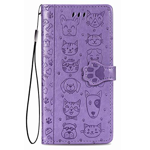 Fertuo Hülle für Samsung Galaxy A52S / A52, Handyhülle Leder Flip Case Tasche mit Kartenfach, Magnet und Standfunktion [Katze Hund Muster] Schutzhülle Cover für Samsung Galaxy A52, Lila von Fertuo