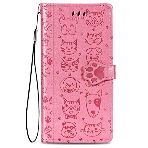 Fertuo Hülle für Samsung Galaxy A52S / A52, Handyhülle Leder Flip Case Tasche mit Kartenfach, Magnet und Standfunktion [Katze Hund Muster] Schutzhülle Cover für Samsung Galaxy A52, Rosa von Fertuo