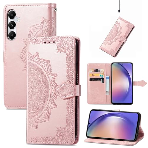 Fertuo Hülle für Samsung Galaxy A55 5G, Handyhülle Leder Flip Case Tasche mit Kartenfach, Magnet und Standfunktion [Mandala Muster] Handy Schutzhülle Ledertasche für Samsung Galaxy A55 5G, Rosegold von Fertuo