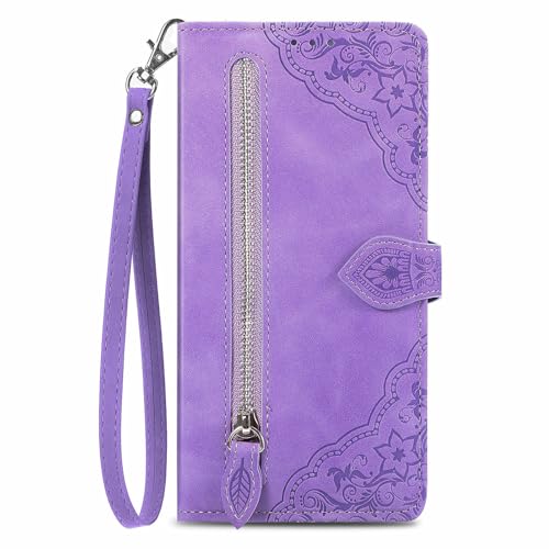 Fertuo Hülle für Samsung Galaxy S24 FE, PU Leder Handyhülle klappbar Flip Case Tasche mit Kartenfach, Magnet, Ständer und Handschlaufe [Blumen Muster] Schutzhülle Stoßfest für Galaxy S24 FE, Lila von Fertuo