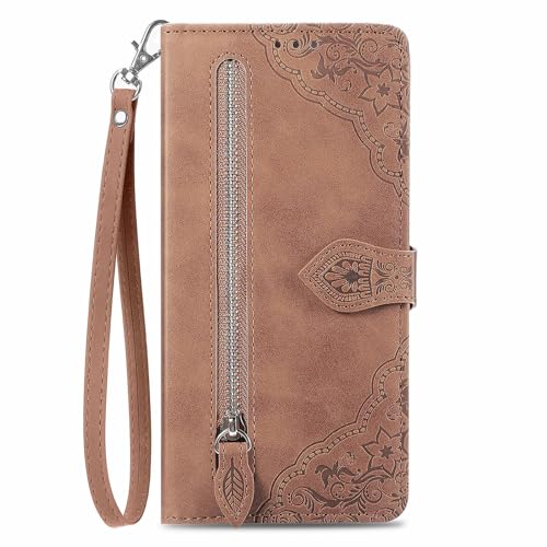 Fertuo Hülle für Samsung Galaxy S24 FE, PU Leder Handyhülle klappbar Flip Case Tasche mit Kartenfach, Magnet, Ständer und Handschlaufe [Blumen Muster] Schutzhülle Stoßfest für Galaxy S24 FE, Braun von Fertuo