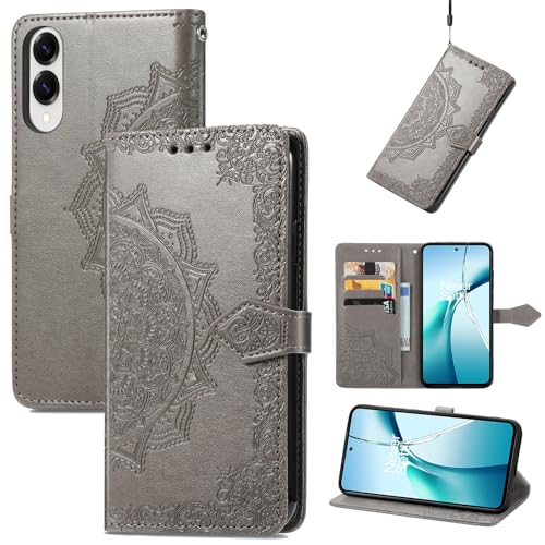 Fertuo Hülle für Samsung Galaxy S25 Edge, Handyhülle Leder Flip Case Tasche mit Kartenfach, Magnet und Standfunktion [Mandala Muster] Handy Schutzhülle Ledertasche für Galaxy S25 Edge, Grau von Fertuo