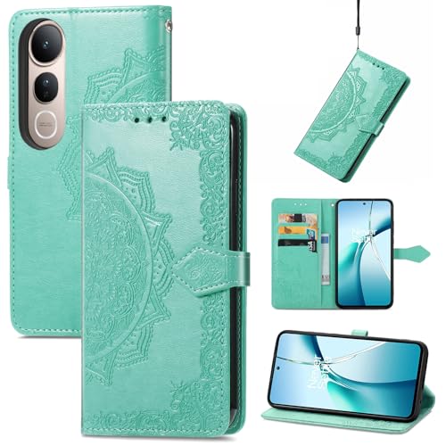Fertuo Hülle für Vivo V50 Lite 4G / 5G, Handyhülle Leder Flip Case Tasche mit Kartenfach, Magnet und Standfunktion [Mandala Muster] Handy Schutzhülle Ledertasche für Vivo V50 Lite 4G / 5G, Grün von Fertuo