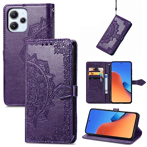 Fertuo Hülle für Xiaomi Redmi 12, Handyhülle Leder Flip Case Tasche mit Kartenfach, Magnet und Standfunktion [Mandala Muster] Handy Schutzhülle Ledertasche für Xiaomi Redmi 12, Lila von Fertuo