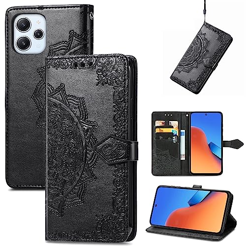 Fertuo Hülle für Xiaomi Redmi 12, Handyhülle Leder Flip Case Tasche mit Kartenfach, Magnet und Standfunktion [Mandala Muster] Handy Schutzhülle Ledertasche für Xiaomi Redmi 12, Schwarz von Fertuo